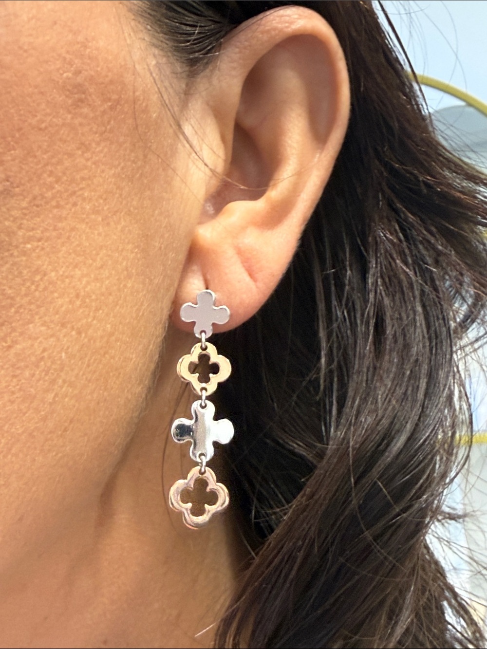 Sterling Silver Floral Link Drop Earrings - Silver